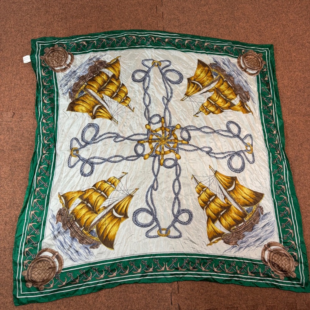 Vintage Nautical Silk Scarf Hand Printed Rolled Tall Ships Anchors Green 31x31